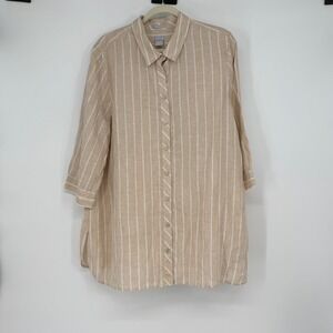 Chico's 100% Linen Stripe Button Front Tunic Shirt Beige White Size 18 No Iron